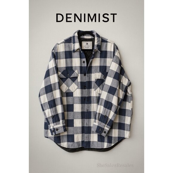 NEW DenimistMontauk Quilted Flannel Shirt Jacket Blue White Plaid OversizedS